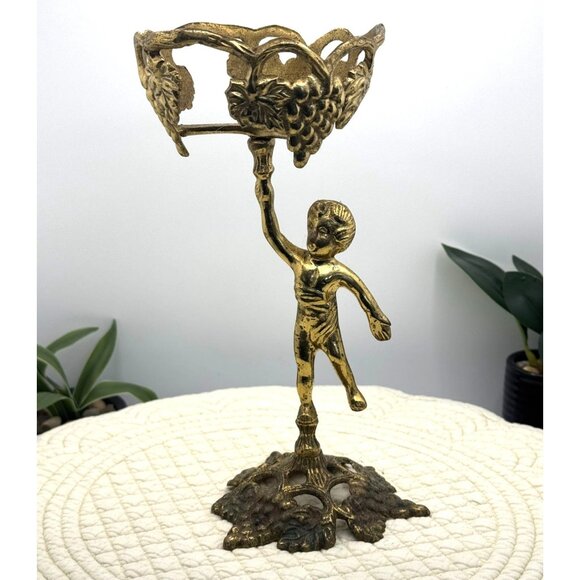 Vintage Gold Brass Cherub Candle Holder With Grapevine Design - Picture 12 of 15